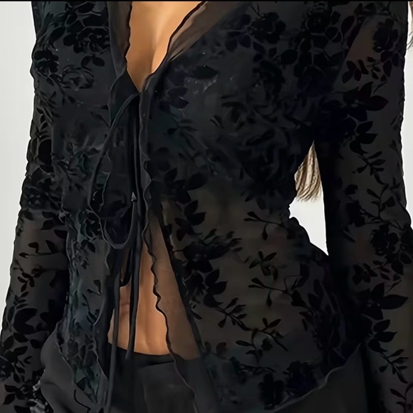 Tops - Black Sheer Blouse with Floral Design NWOT